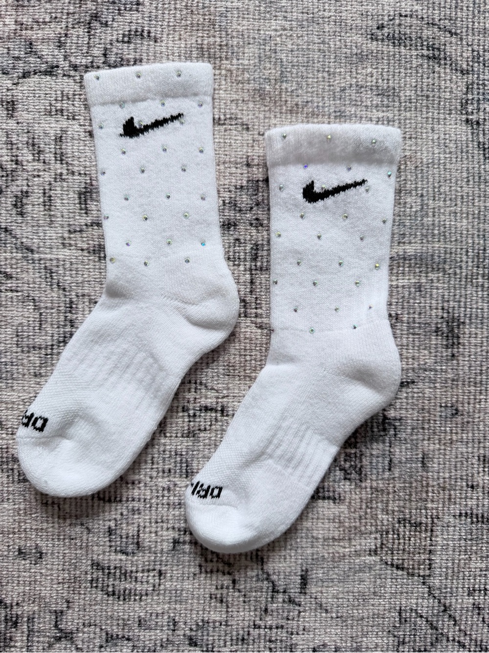 Nike White Crew Socks with Black Swoosh and Iridescent Dots